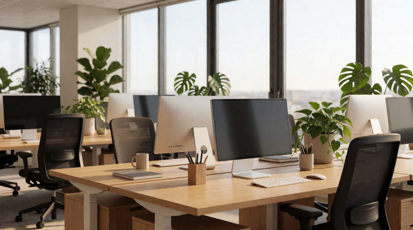 Das Büro von Nordwind Software in Kiel: helle Schreibtische, Pflanzen, große Fenster