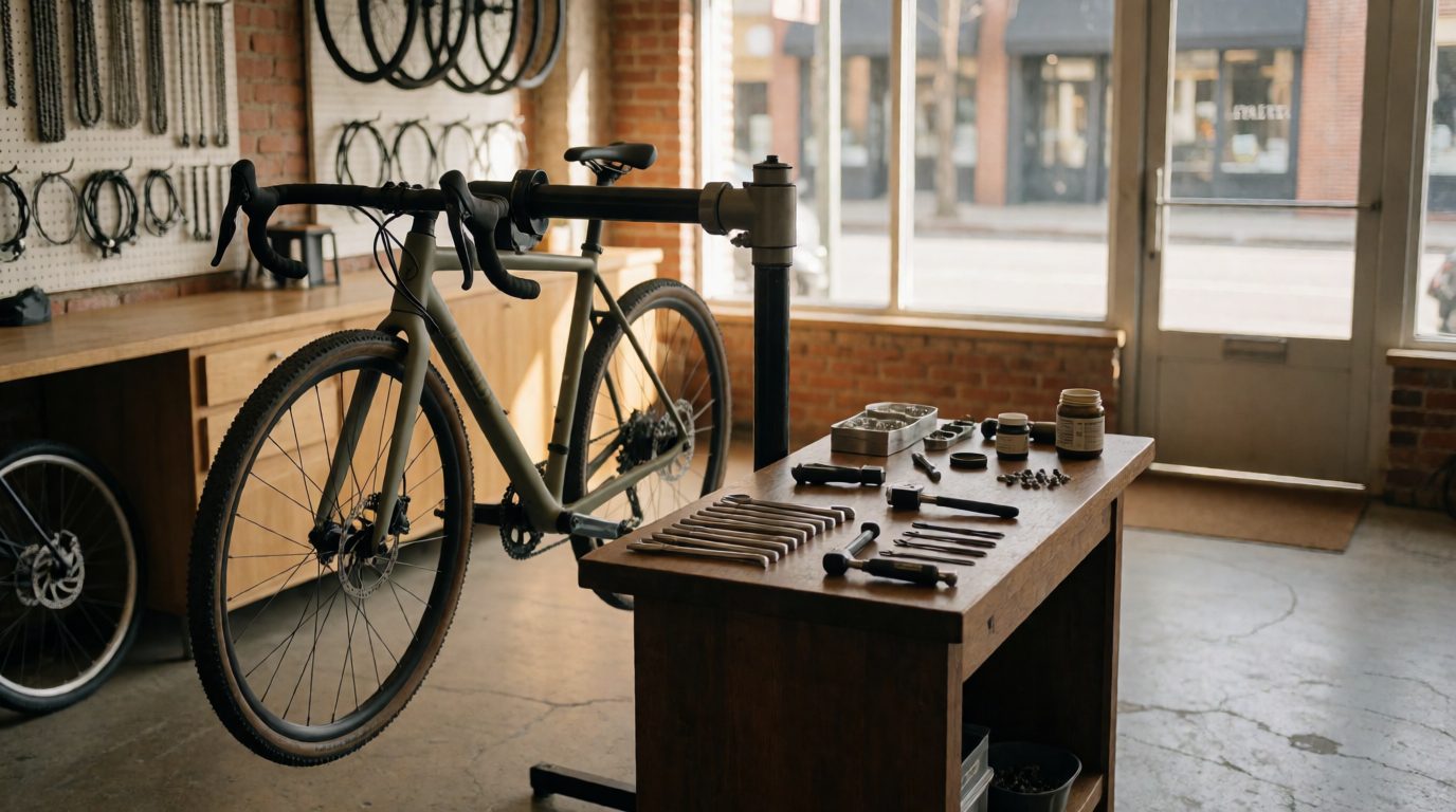 Gravelbike auf dem Montageständer in der Werkstatt von Radwerk Kiel